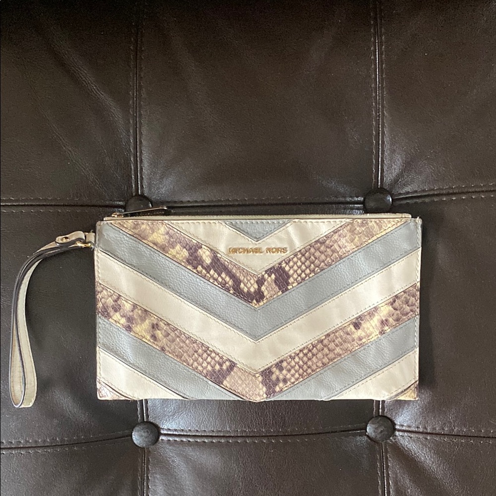 Michael Kors Cream, Light Gray & Taupe Snake-Accent Wristlet
